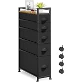 LASZOLA Narrow Cabinet Slim Storage Cart for Bathroom Small Space, Black | 5 Tiers Skinny Rolling Organizer Shelf with Sturdy Fabric Drawers, Lightweight Mobile on Wheels, Between Washer and Dryer