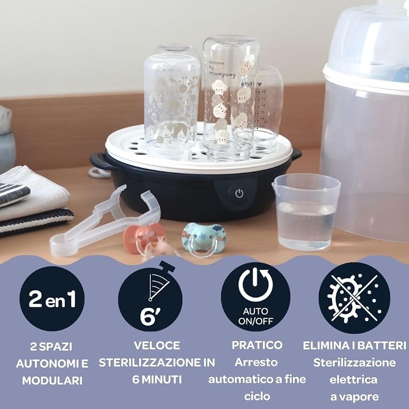Sterilizzatore per biberon 2 in 1, Evolutivo, elettrico a vapore, 2 in 1, 2 scomparti, fino a 8 biberon e accessori, ultra rapido, timer, Steril'Express, blu notte