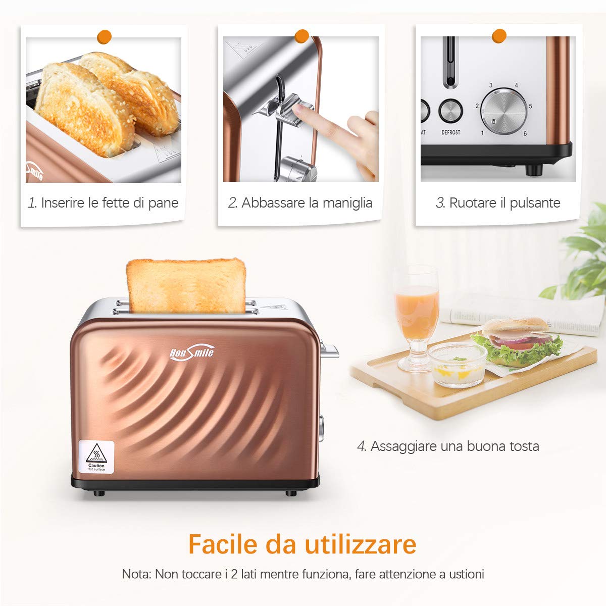 HOUSMILE Tostapane Automatico 2 Fette - 815W Tostapane Professionale con 6 livelli di doratura - Funzioni di Scongelamento e Riscaldamento e Vassoio Raccoglibriciole Removibile