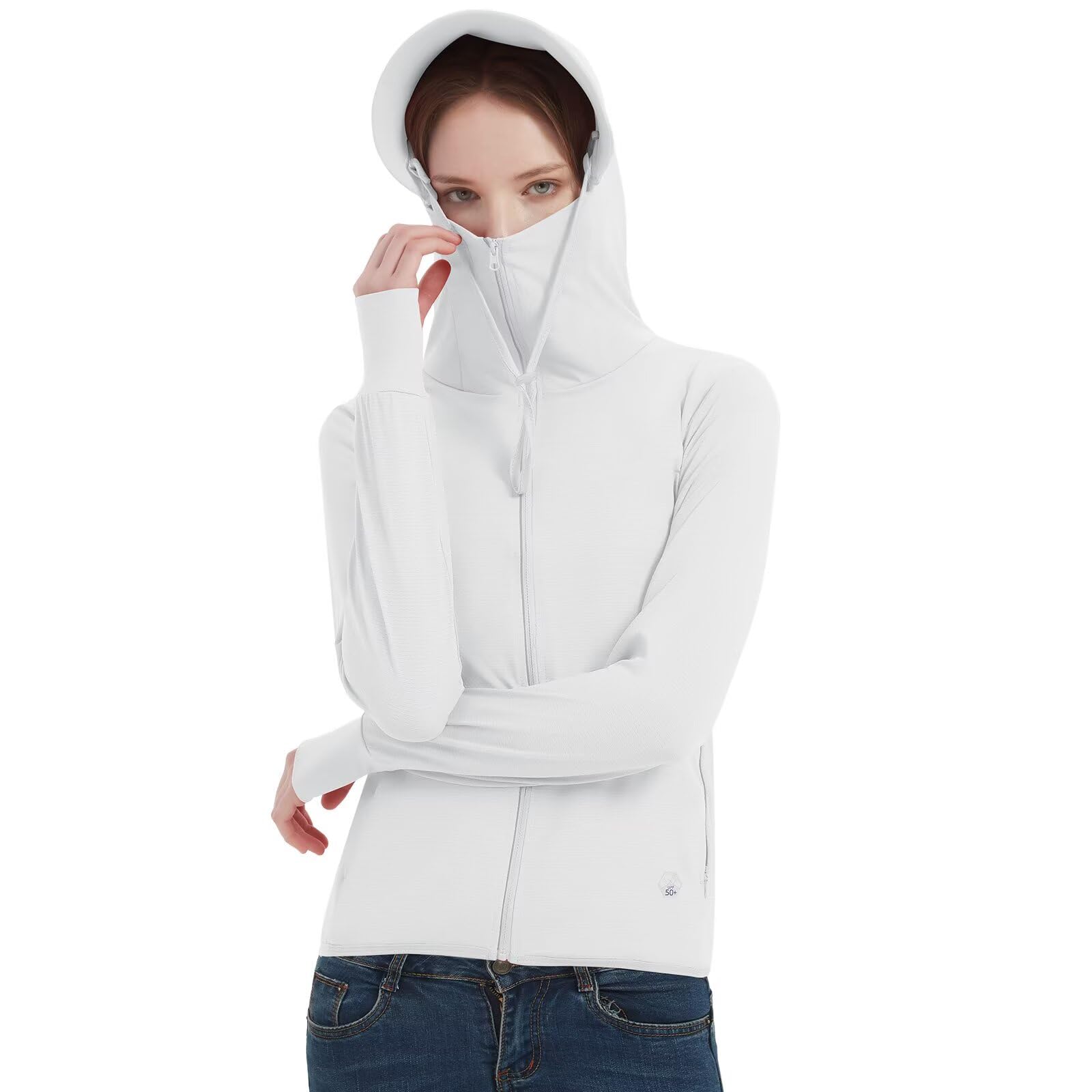 Photo 1 of TERODACO Women's UPF 50+ Sun Protection Hoodie SPF Jacket Lightweight Cooling Long Sleeve Zip Up Sun Shirt for Women with Pockets Brim Thumb Hole for Outdoor Hiking 2399 White Medium