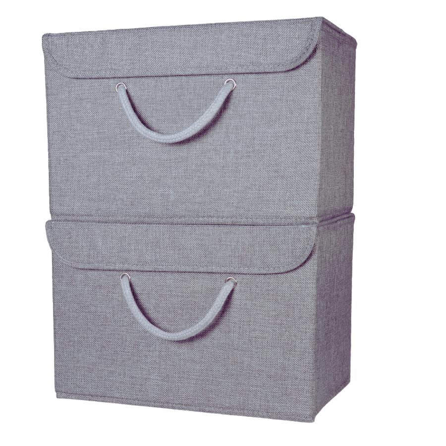Grey Fabric Storage Boxes with lids. Stackable and Foldable. For wardrobes, shelves, clothes, bedroom, office, cupboard, keepsake memory box, crafts, toys, shoes, socks. Rope Handle 2pk 37x25x25cm