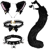 Merkaunis 4 Pcs Wolf Fox Animal Cosplay Costume Kit, Cat Ears and Tail Set for Halloween Christmas Party, a Wolf Ears Headband a Fox Tail and Two Chokers (Black)
