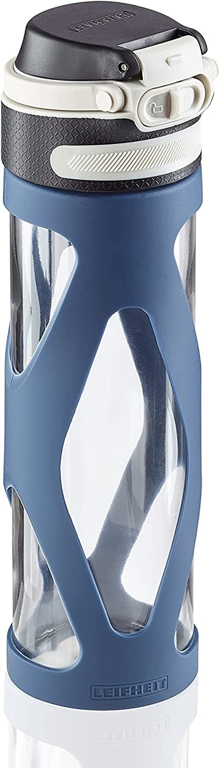 Leifheit Flip Glass Bottle 600 ml, 100% Leak-Proof Sports Bottle, Convenient One Hand Opening, Drinking Bottle with Filter for Fruit Infuser, Sustainable Water Bottle, BPA-, Shockproof, Navy