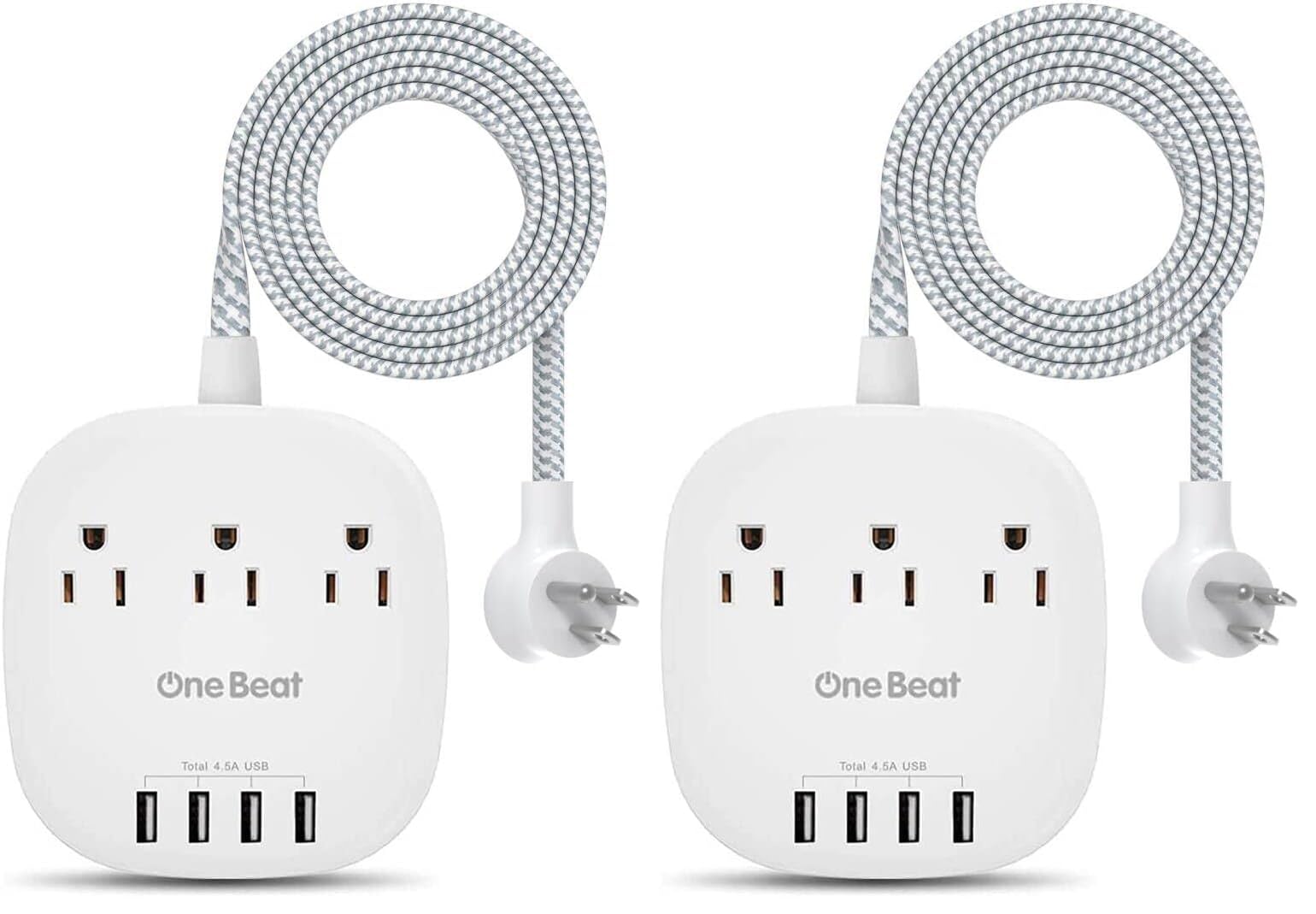One Beat Desktop Power Strip with 3 Outlet 4 USB Ports 4.5A, Flat Plug and 5 ft Long Braided Extension Cords for Cruise Ship Travel Home Office, ETL Listed (Pack of 2)