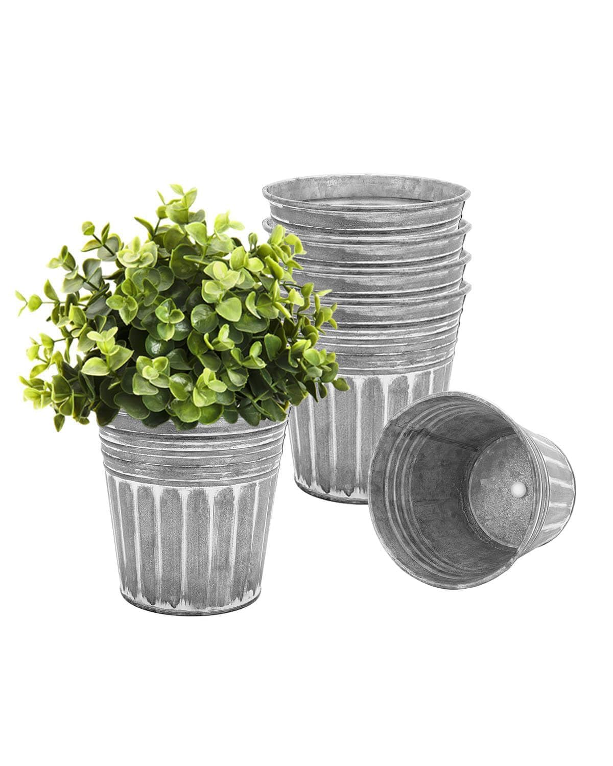 Photo 1 of 6 Inch Silver Metal Rustic Flower Pots - 6Pcs Galvanized Planters with Drainage Hole and Rubber Plug, Rustproof Metal Bucket Plant Pots Farmhouse Vintage Style for Decor
