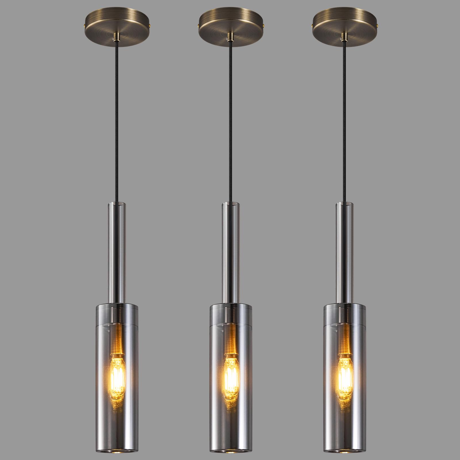 Photo 1 of ***Missing parts***LBSQJ Crystal Pendant Light, Modern Kitchen Light Fixtures Mini Pendant Lights Industrial Pendant Lighting for Kitchen Island Dining Room Bedroom Entryway, Smoky Gray(3 Pack)