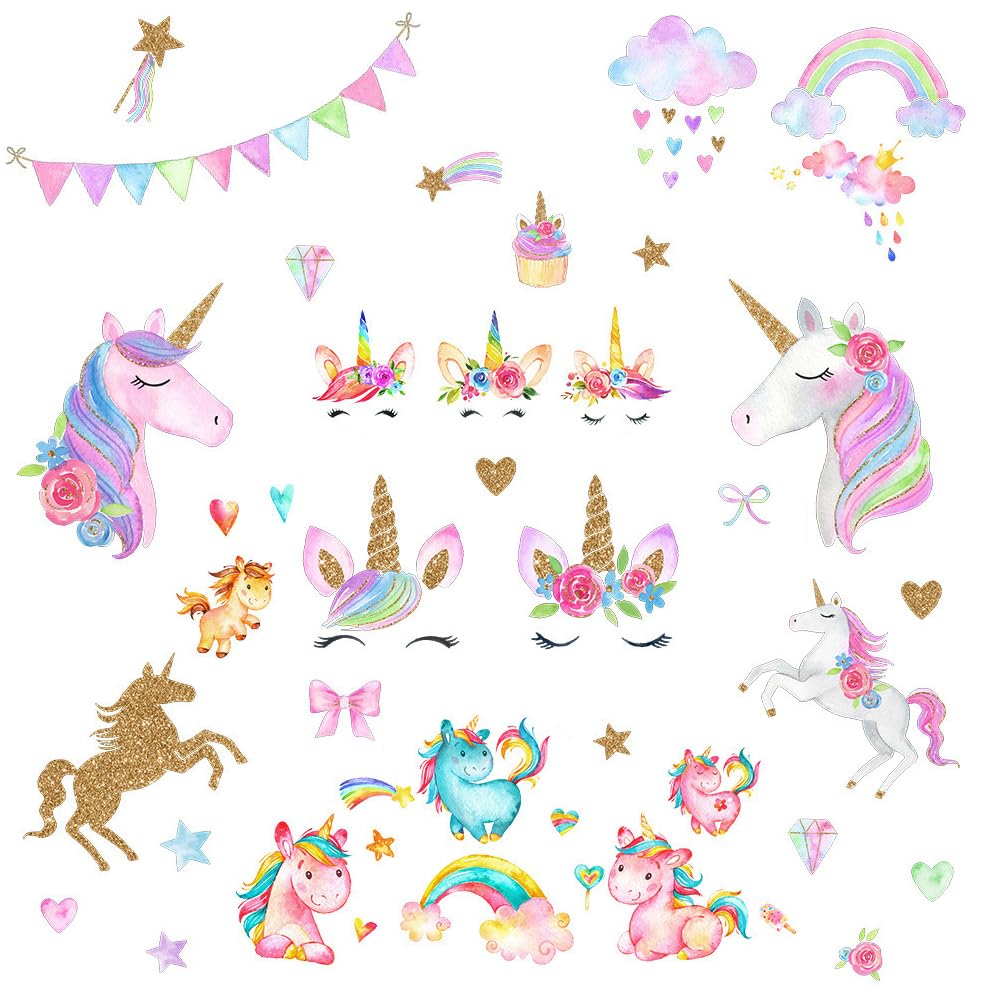 2 Pack Unicorn Wall Stickers Unicorn Pattern Decal Rainbow Colour Wall Stickers Stars Wall Decals for Girls Baby Children Bedroom Playroom Decoration