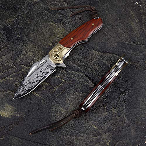 NEWOOTZ Handmade Damascus Folding Pocket Knife with Leather Sheath