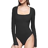 PUMIEY Women's Square Neck Long Sleeve Bodysuit Sexy Body Suit Tops Smoke Cloud Collection