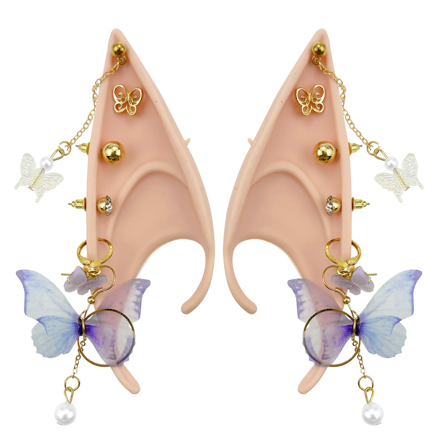 Pixie Elf Ear, Fairy Ears,Butterfly Flower Pearl Earrings Set,Cosplay Halloween Party Live broadcast Props, Anime Party Dress Up Costume, Masquerade Ball Elven Vampire Ears