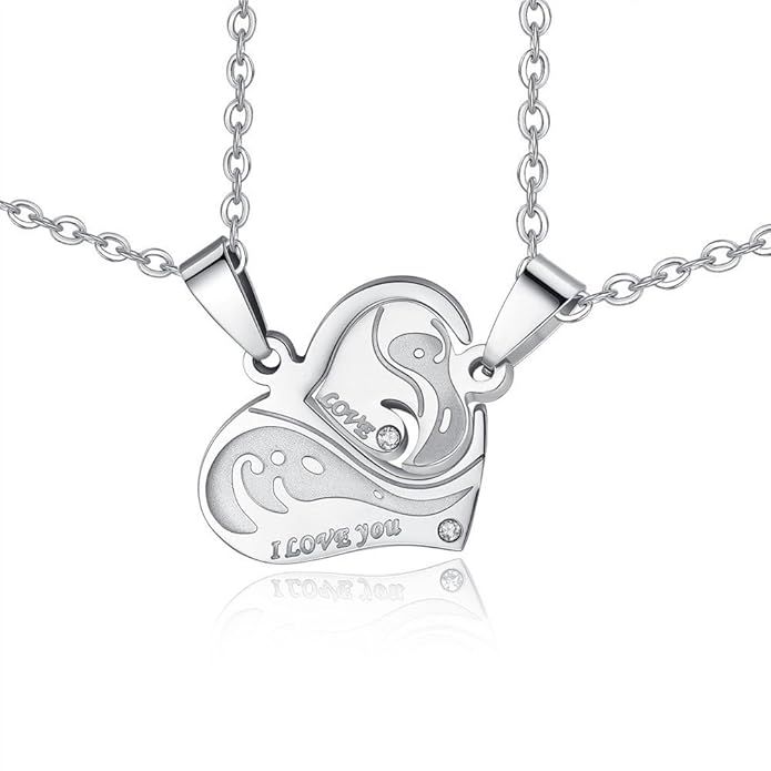 Canarea 2 Pcs Kette Damen Herren mädchen HalsketteTitanstahl mit Zirkonia mit Herz Anhänger Paarschmuck Allergikerfrei Y-Kett