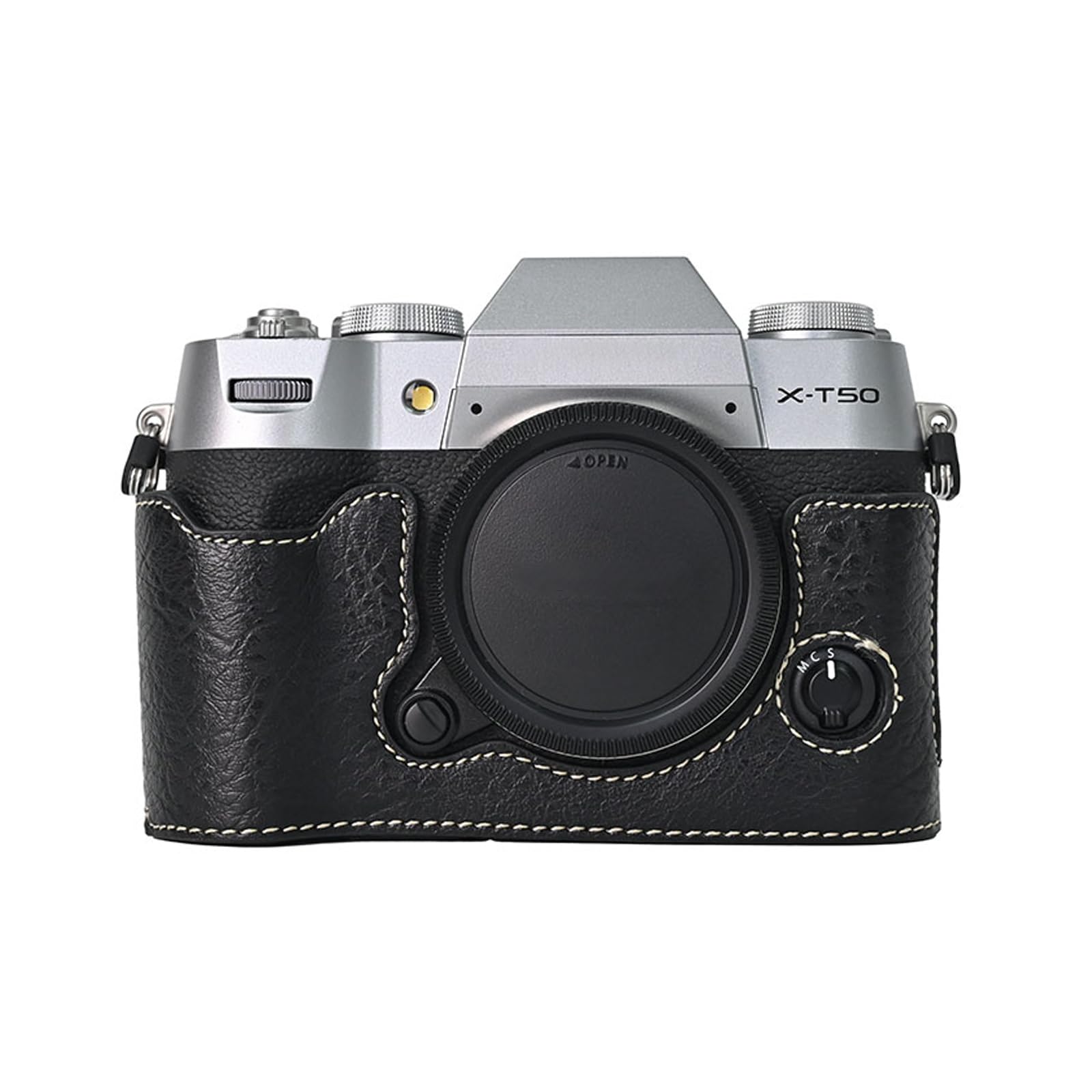 VOVMOEYA Camera Case for FUJIFILM X-T50 Mirrorless Digital Camera,Fuji XT50 Half Case With Soft microfiber Inner,Function Well With 1/4"-20 thread hole Retro PU Leather litchi stria-Matte Black