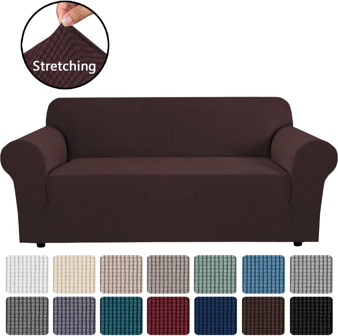 H.VERSAILTEX Stretch Sofa Covers Couch Cover Furniture Protector Feature High Spandex Textured Sofa Slipcover Small Checks Jacquard Lounge Cover for 3 Cushion Sofa (72"-96" Wide: Chocolate): Home & Kitchen