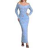 ABMOIU Women's Off The Shoulder Maxi Dress Long Sleeve Rhinestone Mesh Ruched Party Wedding Guest Dresses