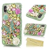iPhone X Case, Mavis's Diary Full Edge Protective Plastic Case, 3D Handmade Crystal Clear Bling Green Diamonds Shiny Colorful Rhinestone Floral Butterfly Pearl Hard PC Cover for iPhone X Edition