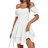 LYANER Women's Tie Back Off Shoulder Wrap Layer Ruffle Short Sleeve Mini Dress