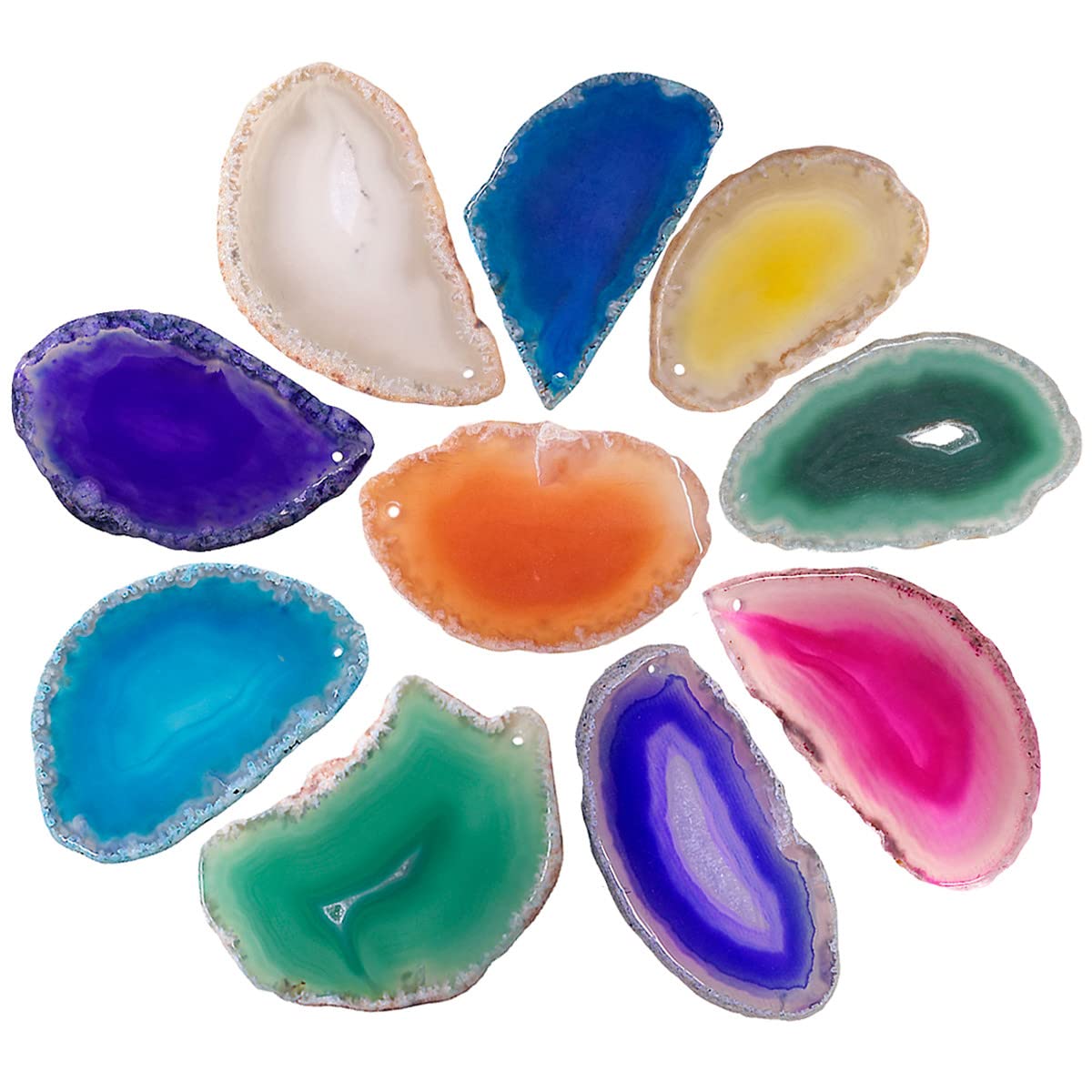 Nupuyai 10pcs Multicolour Top Drilled Agate Slices, Irregular Polished Geode Agate Stone Pendant for Jewellery Making DIY Artwork, Slab Name Place Cards Set