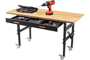 AHGOKL Work Bench, 60” Adjustable Workbench, Heavy Duty Bamboo Workbench Garage Work Table, 2700 LBS Load Garage Work Bench with Drawer Storage & Power Outlet and Wheels for Garage/Kitchen/Home/Office