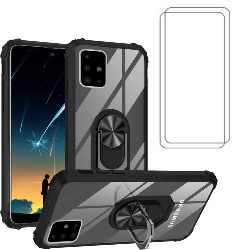 Suordii Galaxy M51 Clear Case with Tempered Glass Sreen Protector (2 Pack), Ring Hold Kickstand 360 Rotatable Ring Hybrid Transparent Hard Cover Compatible with Samsung Galaxy M51 Case - Black