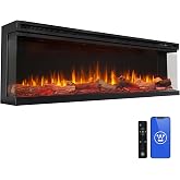 Westinghouse 60inch 3-Sided Electric Fireplace, Realistic Flame&amp;Log Set, Compatible with Alexa &amp; Google Home, Wall Mount or Recessed, 24 Hour Timer, Color Changing Flames, 750W/1500W Indoor Heater