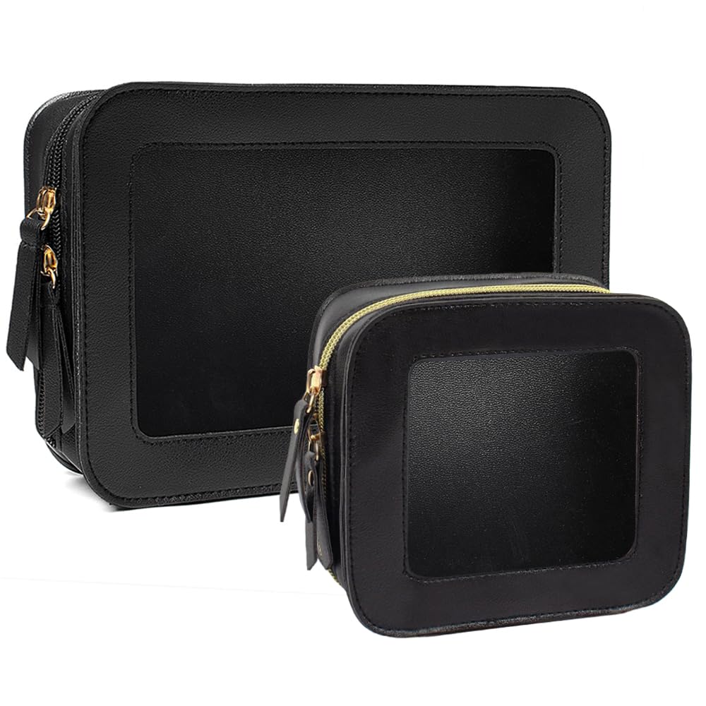 Photo 1 of FFpaw 2 Pcs Clear Makup Bag Set, Clear Cosmetic Bags with Zipper Waterproof Small Travel Cosmetic Case Cute Make Up Pouch Mini Car Essentials for Women Travel Car Organizer (Black Set)