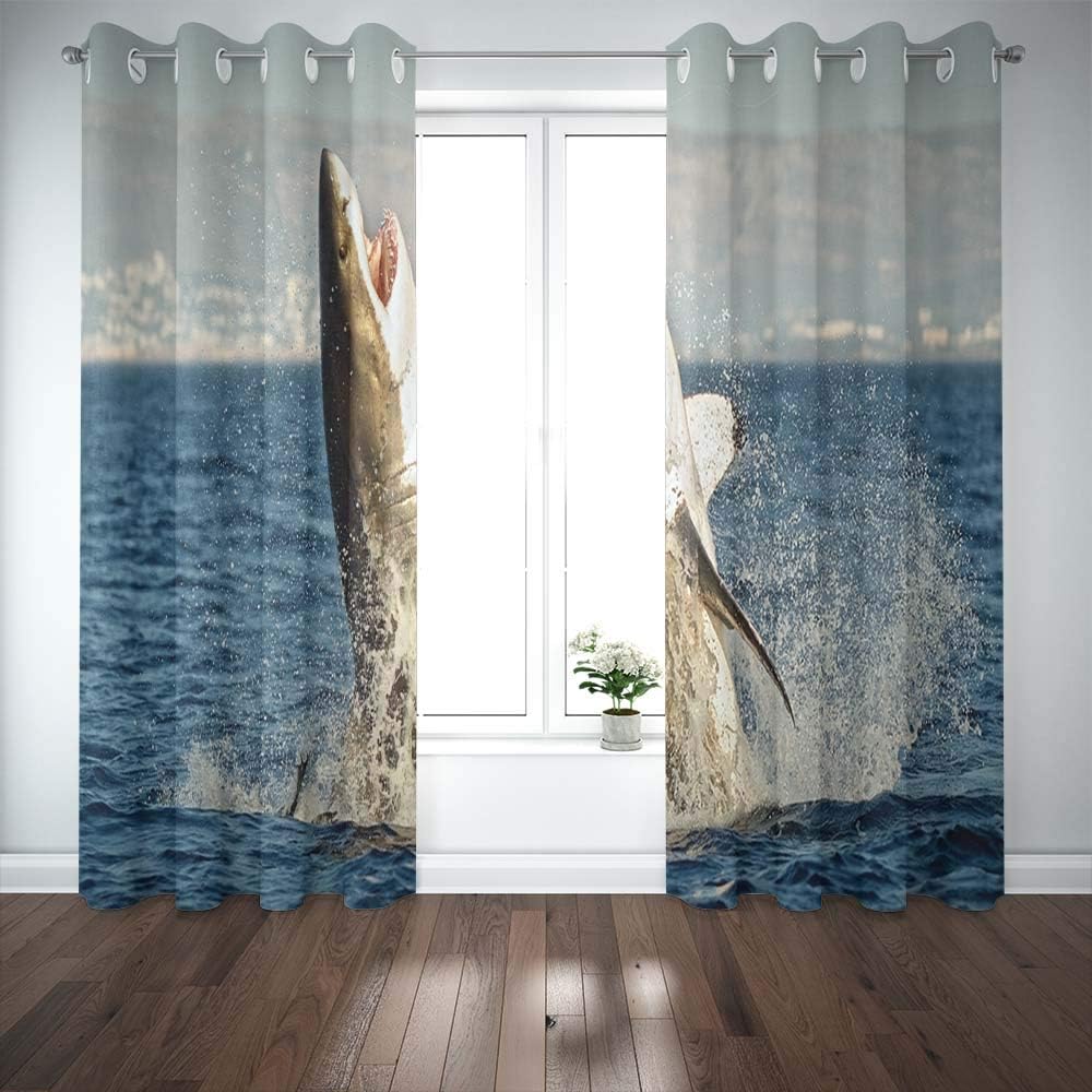 Shorping 52X84 Inch 3D Window Curtains, Privacy Window Curtain Great White Shark in Attack on Seal Hunting of South Africa Carcharias Window Blackout Curtains for Bedroom,2 Pc