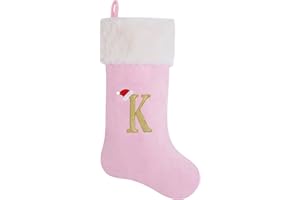 AUAWMLK 20-Inch Letter Embroidered Christmas Stocking Thick and Luxurious Pink Velvet with Super Soft Plush Cuff Personalized Festival Decoration for Xmas and New Year Party(Letter K)