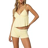 Aopwsrlyi Women Sexy 2 Piece Pajama Set Sleeveless Lace Trim Crop Cami Top and Shorts Pj Set Summer Sleepwear Lounge Outfits