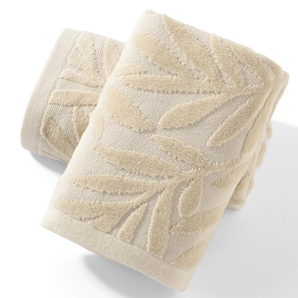 sense gnosis Beige Hand Towel Set of 2 Super Soft 100% Cotton Jacquard Weave Full Embossed Velvet Salix Leaves Pattern Highly Absorbent Decorative Hand Towels for Bathroom Spa 13x 29 Inch