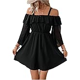 Floerns Women's Cold Shoulder 3/4 Sleeve A Line Dress Ruffle Trim Flowy Short Dresses