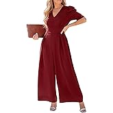 CUPSHE Womens Maxi Jumpsuit Dressy V Neck Half Sleeves Wide Leg Tunic Waist Pockets One Piece Outfit Overall Casual Romper