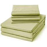 ClevaHome Queen Size Sheets - 6 Piece Fitted Bed Sheet Set, Leaf Green | Soft Luxury Breathable, Shrink &amp; Fade Resistant, Embroidered Bed Sheets, 14-inch Deep Pocket, 2 Extra Pillowcases