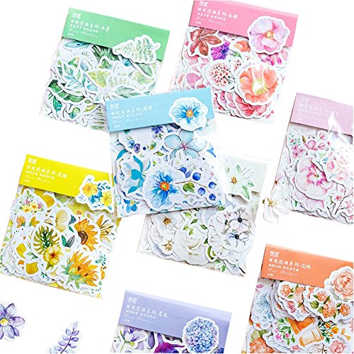 8 Pack Beautiful Floral Gardenia Iris Sakura Hibiscus Pinellia Mint Flower Adhesive Stationery Sticker DIY Album Scrapbooking Diary Planner Journal Sticker Decorative Label for Kids Girls