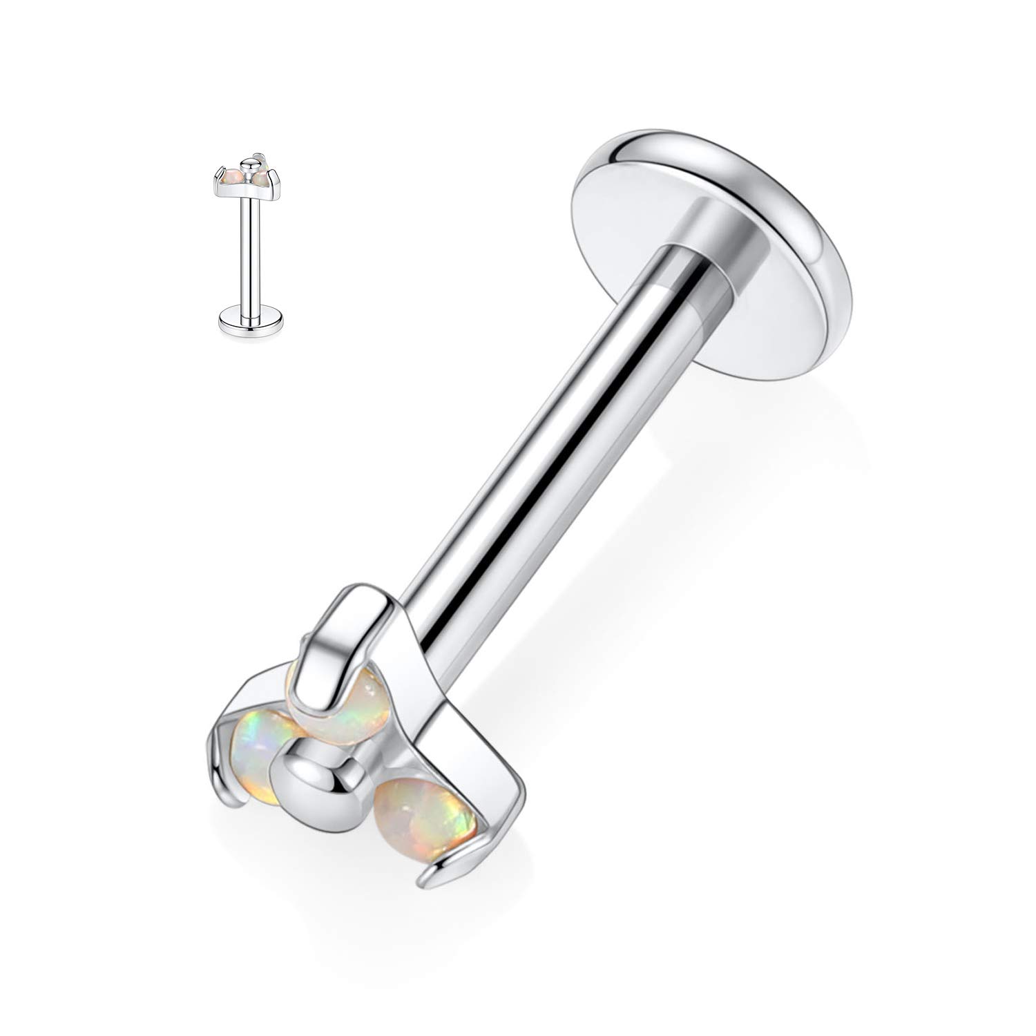 hengkaixuan 16G G23 Titanium Labret Studs Opal Push Back Labret 8mm Monroe Piercing Threadless Push-in Lip Studs Silver Helix Cartilage Tragus Conch Earring Women Girls Piercing Jewellery