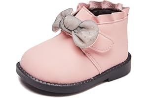 Baby Girls' Soft Leather Ankle Boots Non-slip with Bow Booties for Infant Toddler 9-24 Months First Walking Shoes