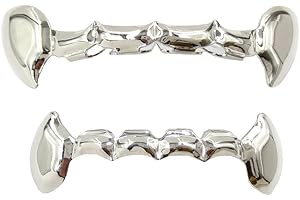TSANLY 24K Gold Plated Grillz Vampire Fangs Grill Top & Bottom Hip Hop Mouth Teeth Caps For Gift + Extra Molding Bars + Microfiber Cloth