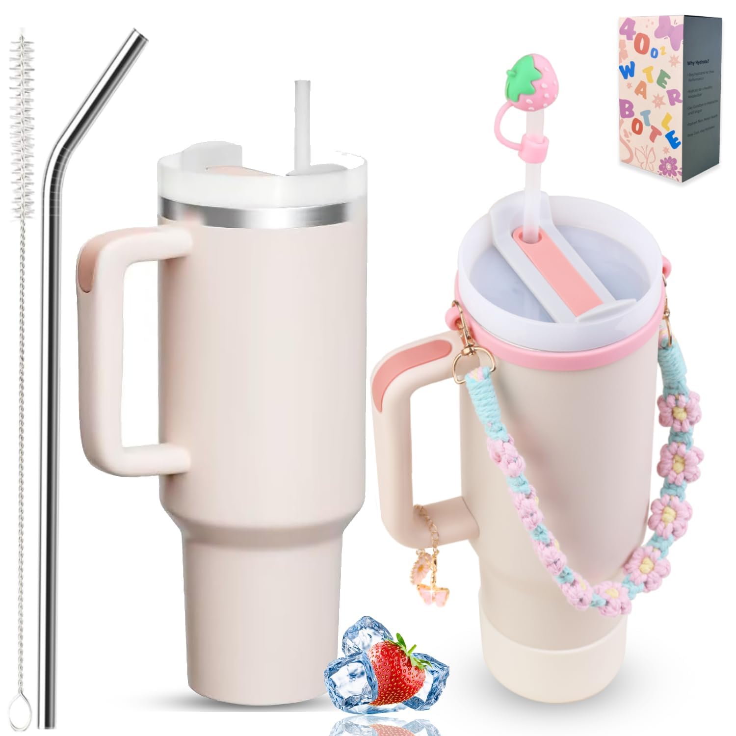 Photo 1 of Sanilinwild 40 oz Tumbler Insulated Mug w/Straw & Flip Cap Lids - Cup Holder Bottle with 6 Accessories Set for Hot, Cold Drink - Leak-Proof - Water, Coffee Portable Travel Mug (Pink Gold)