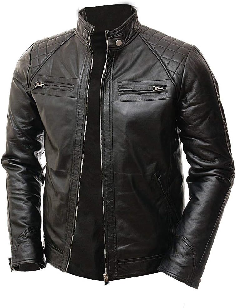 AbbraciShazmeen Mens Genuine Leather Biker Jacket Vintage Cafe Racer Motorcycle Jacket Men Real Lambskin Leather Jacket Mens