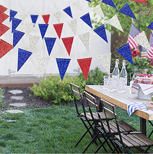 Red Blue Silver/White Triangle Pennant Banner Kit for Fourth/4th of July USA American Independent Day Celebration Party Flag Garland Hanging Bunting Decoration for Birthday/Wedding/Baby Shower/Cavinal