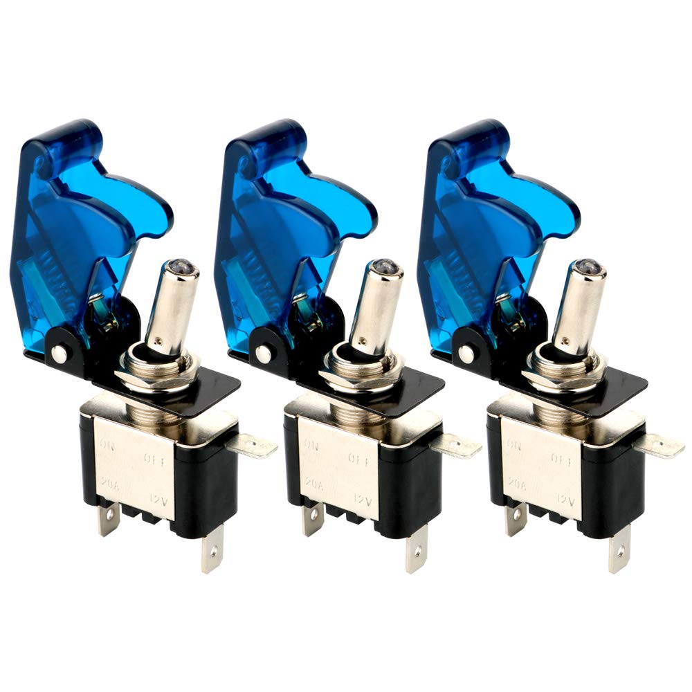 Gebildet 3pcs Rocker Toggle Switch LED Illuminated Blue, with Waterproof Boot Cap Cover, 20A 12V-24VDC, 3 Pin SPST ON/OFF Switch with Metal Bat, Used for Car Auto Truck Boat
