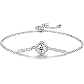ÀIMBRACE Moissanite Bracelets for Women: Moissanite Link Charm Bracelet, 925 Sterling Silver/18K White Gold Plated/Rhodium Finish, Adjustable Slider Clasp, Cushion Halo, Jewelry Gift Ideas for Women