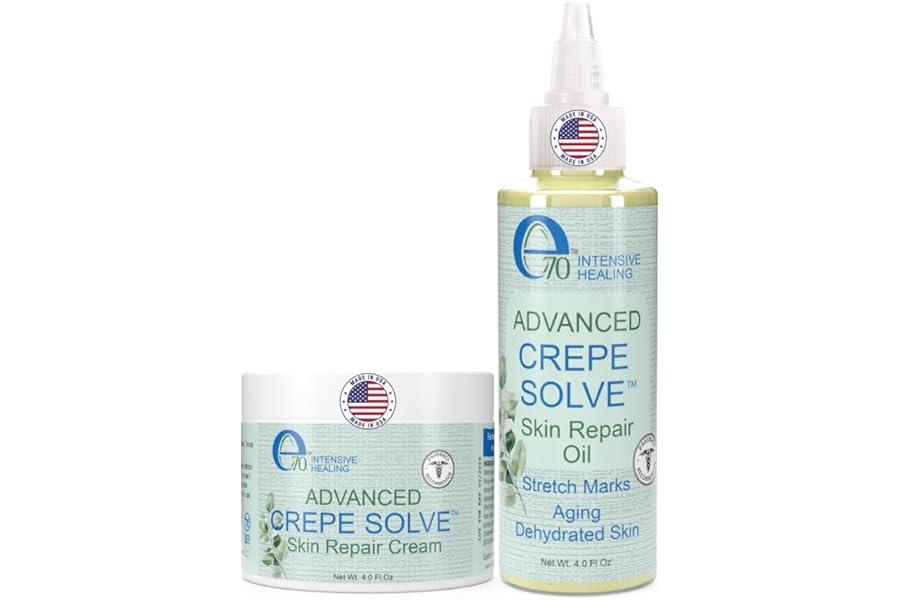 e70 Crepe Skin Erase Cream & Firming Oil Set (2 Pk, 4 Fl Oz each) – with Natural Oils, Licorice Root & Chamomile Extract – Crepey Skin Tightening and Firming Body Cream & Oil, Made in USA