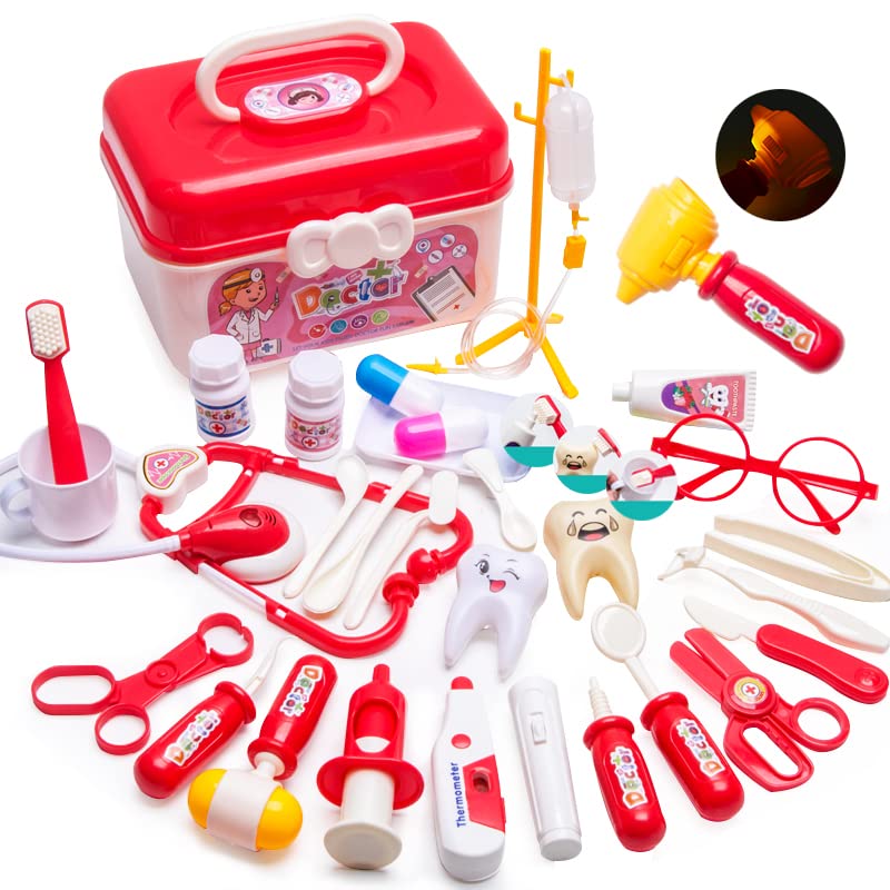 Doctor Playset Medical Kit Contains Children's Injections, Lighted play stethoscope for kids, dentist kit for kids 3-5 pretend play(30PCS) (blue doctor kit) (red doctor kit)