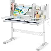 COSVALVE 47'' Adjustable Kids Desk with Hutch, Storage Drawers &amp; Bookstand | Multifunction Ergonomic Study Table with 50&deg; Tilt Desktop,Height Adjust for Age 5+ Girls Boys Reading Drawing Home School Use