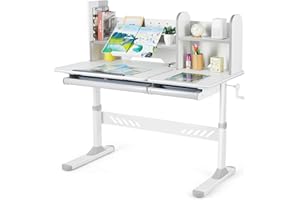 COSVALVE Adjustable Kids Desk with Hutch and Drawers, 47" Wide Multifunction Ergonomic Study Table, with Two Storage Drawer, Tilt Desktop, Height Adjust for Home or School Use, for Girls Boys (Grey)