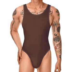 ChiaoLezhee Mens Thong Bodysuit, G-String High Cut Sexy One Piece Lingerie, Semi Sheer Breathable Leotard Underwear