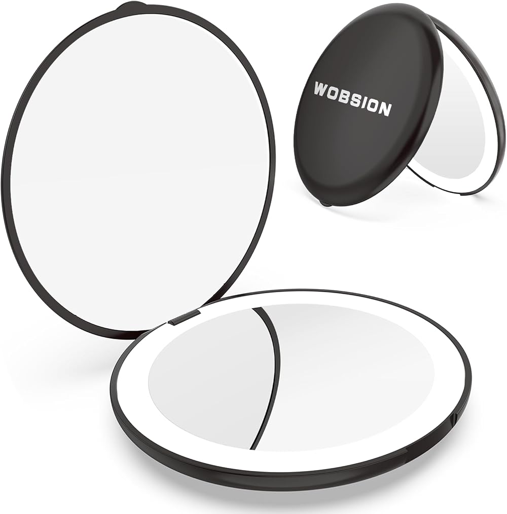 WOBSION Compact Mirror with Light 1X/10X Magnification LED Pocket Mirror Black