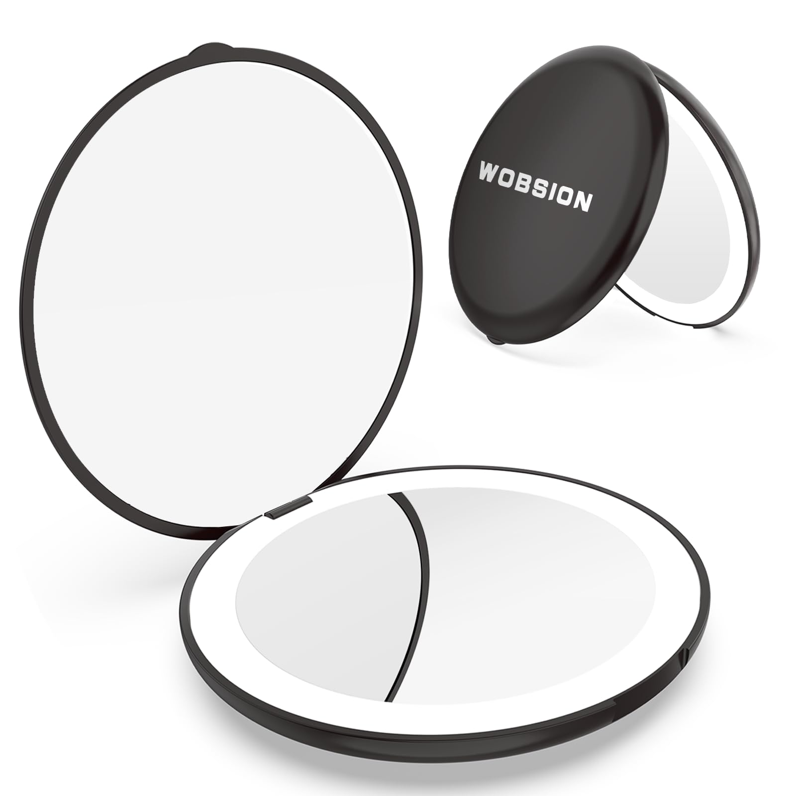 WOBSION Compact Mirror with Light, 1x/10x Magnifying Travel Makeup Mirror, LED Pocket Mirrors for Purse and Handbag, Handheld 2-Sided Small Folding Mirrors, Round, Black — image 1