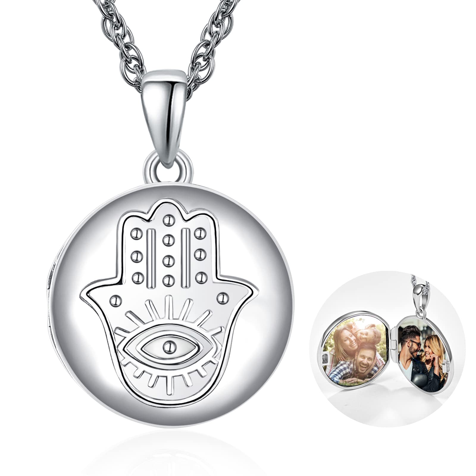 KINGWHYTE Hamsa Hand Locket Necklace for Men Women 925 Sterling Silver Hand of Fatima Evil Eye Pendant That Holds Picture Photos Amulet Jewelry Gifts