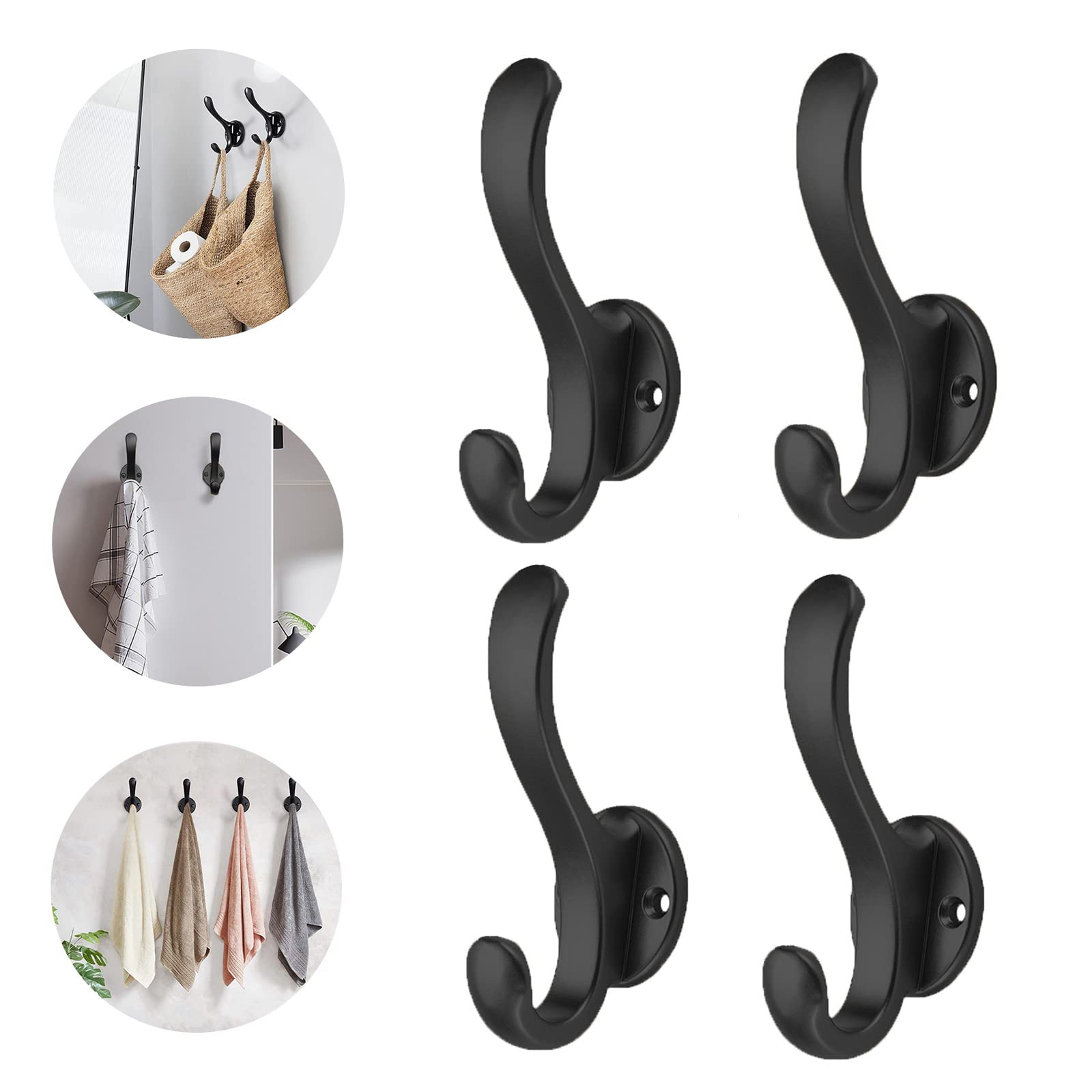 WASYPLSFOI Wall Hooks Coat Key Hat Towel Purse Hook Holder Hanger Doubles Heavy Duty for Wall Bathrooms Door, 4 Pack Black